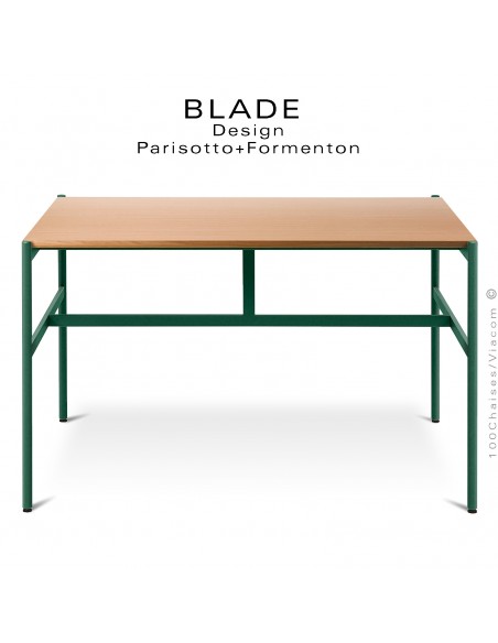 Table carré minimaliste design BLADE, plateau 145x145 cm., Chêne, piétement tube d'acier peint vert bouteille.
