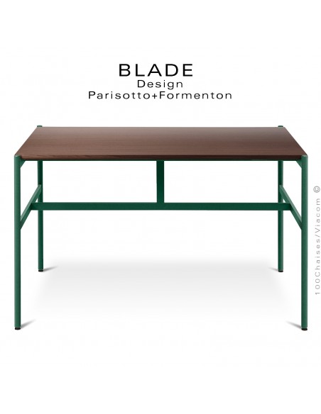 Table carré minimaliste design BLADE, plateau 145x145 cm., Chêne foncé, piétement tube d'acier peint vert bouteille.