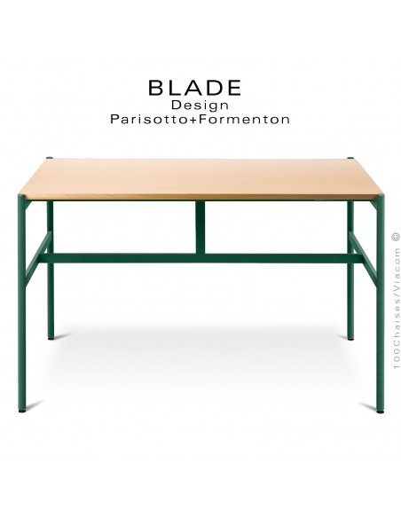 Table carré minimaliste design BLADE, plateau 145x145 cm., Frêne, piétement tube d'acier peint vert bouteille.