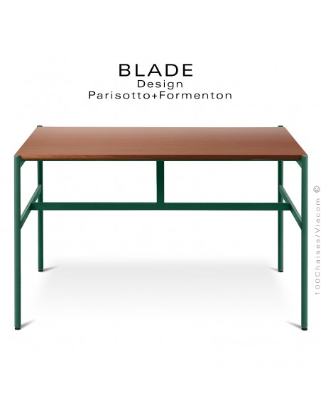 Table carré minimaliste design BLADE, plateau 145x145 cm., Noyer, piétement tube d'acier peint vert bouteille.
