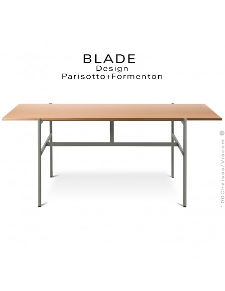 Table minimaliste design BLADE, plateau rectangulaire, chêne, piétement tube d'acier peint ciment.