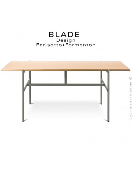 Table minimaliste design BLADE, plateau rectangulaire, frêne, piétement tube d'acier peint ciment.