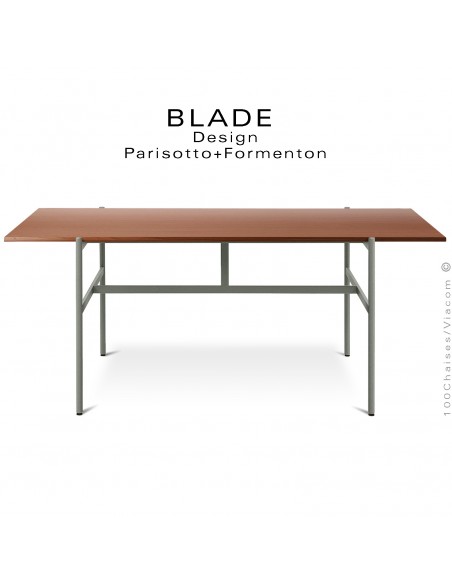 Table minimaliste design BLADE, plateau rectangulaire, noyer, piétement tube d'acier peint ciment.