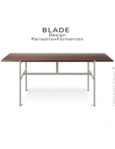 Table minimaliste design BLADE, plateau rectangulaire, chêne foncé, piétement tube d'acier peint soie.