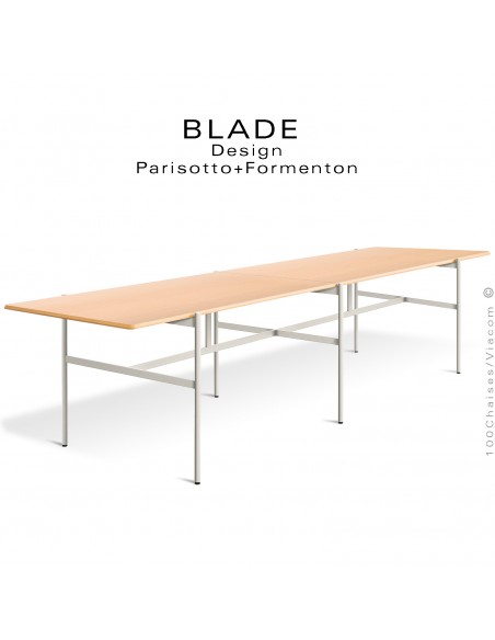 Grande table de réunion design BLADE, plateau rectangulaire, Chêne Frêne, piétement tube d'acier peint blanc.