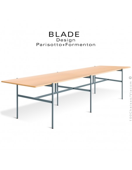 Grande table de réunion design BLADE, plateau rectangulaire, Frêne naturel, piétement tube d'acier peint vert bouteille.