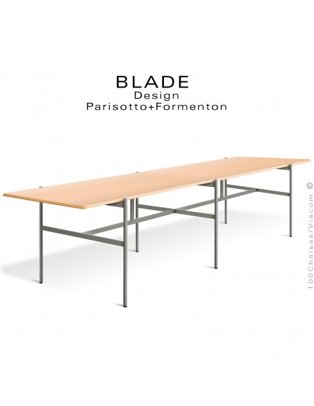 Grande table de réunion design BLADE, plateau rectangulaire, Frêne naturel, piétement tube d'acier peint gris ciment.