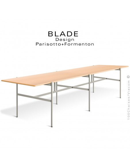 Grande table de réunion design BLADE, plateau rectangulaire, Frêne naturel, piétement tube d'acier peint gris soie.
