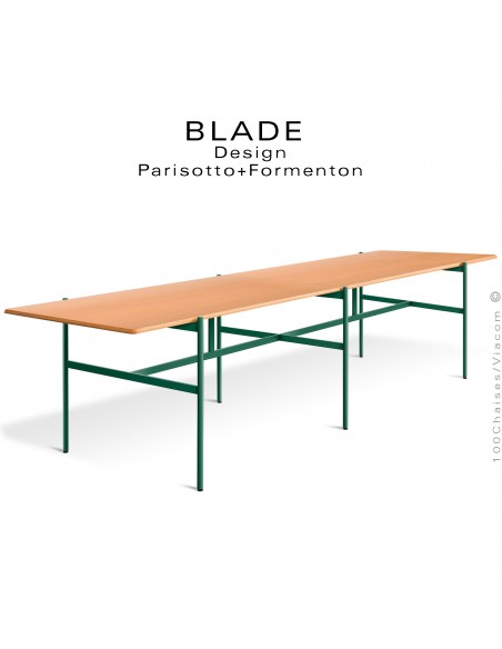 Grande table de réunion design BLADE, plateau rectangulaire, Chêne naturel, piétement tube d'acier peint vert bouteille.