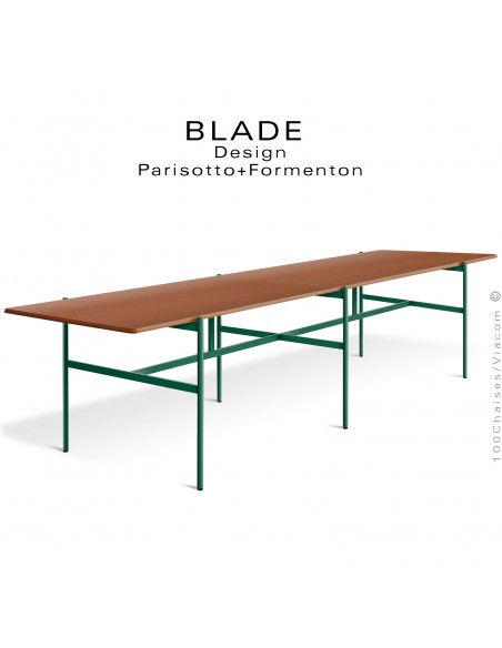 Grande table de réunion design BLADE, plateau rectangulaire, Noyer, piétement tube d'acier peint vert bouteille.