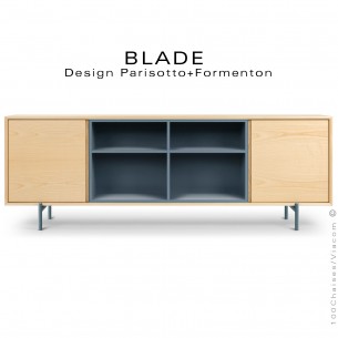Buffet, commode ou bahut BLADE, pour bureau ou maison, caisson plaqué Frêne naturel, piétement peint bleu pétrole.