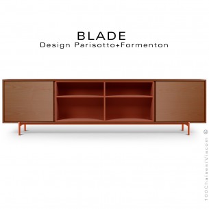 Buffet, commode ou bahut BLADE, pour bureau ou maison, caisson plaqué noyer, piétement acier peint orange.