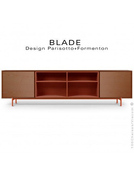 Buffet, commode ou bahut BLADE, pour bureau ou maison, caisson plaqué noyer, piétement acier peint orange.