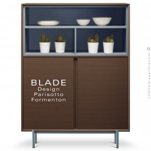 Commode, buffet ou bahut BLADE, pour bureau ou maison, caisson multiplis plaqué chêne foncé, piétement acier peint bleu pétrole.