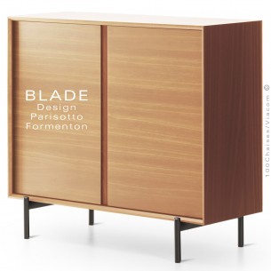 Commode, buffet ou bahut BLADE, pour bureau ou maison, caisson multiplis plaqué chêne, piétement acier peint noir.