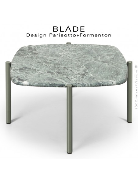 Table basse BLADE-CAFÉ, structure à 4 pieds peint gris ciment, plateau carré aux courbes douces en marbre de Verde Alpi.