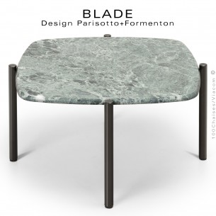 Table basse BLADE-CAFÉ, structure à 4 pieds peint noir, plateau carré aux courbes douces en marbre de Verde Alpi.