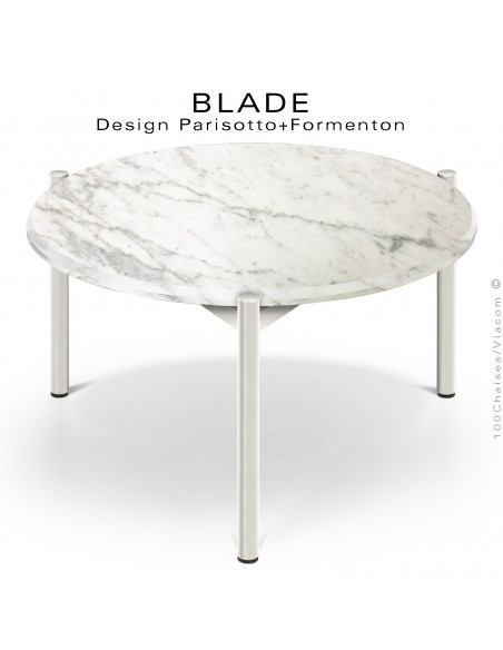 Table basse design BLADE-CAFÉ, structure 3 pieds en tube d'acier peint blanc, plateau marbre blanc, Statuario de Carrara.