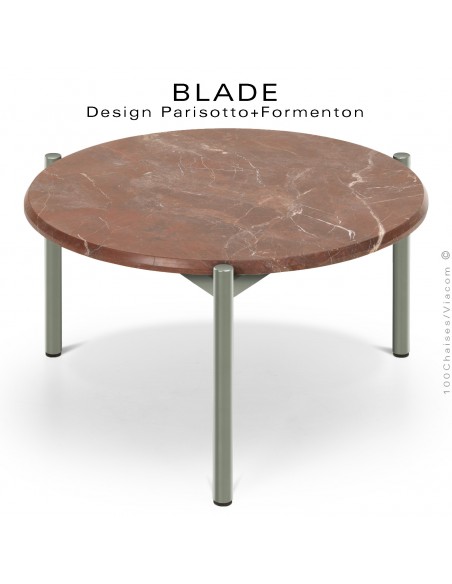 Table basse design BLADE-CAFÉ, structure 3 pieds en tube d'acier peint gris ciment, plateau marbre rouge, Jaspe Rouge.