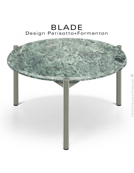 Table basse design BLADE-CAFÉ, structure 3 pieds en tube d'acier peint gris ciment, plateau marbre vert, Verde Alpi.