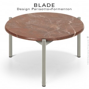 Table basse design BLADE-CAFÉ, structure 3 pieds en tube d'acier peint gris soie, plateau marbre rouge, Jaspe Rouge.