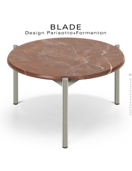 Table basse design BLADE-CAFÉ, structure 3 pieds en tube d'acier peint gris soie, plateau marbre rouge, Jaspe Rouge.