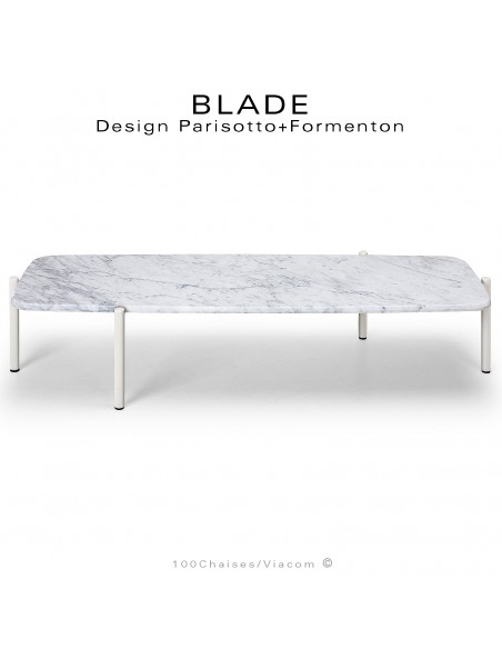 Table basse design BLADE-CAFÉ, structure 4 pieds en tube d'acier peint blanc, plateau marbre blanc, Statuario de Carrara.