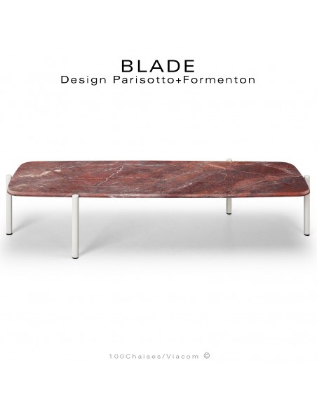Table basse design BLADE-CAFÉ, structure 4 pieds en tube d'acier peint blanc, plateau marbre rouge, Jaspe Rouge.
