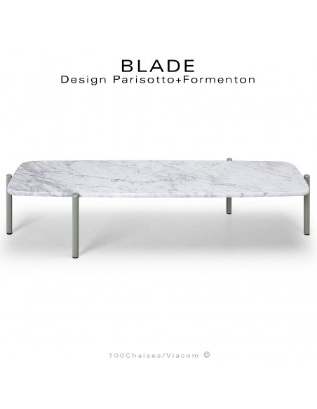 Table basse design BLADE-CAFÉ, structure 4 pieds en tube d'acier peint gris ciment, plateau marbre blanc, Statuario de Carrara.