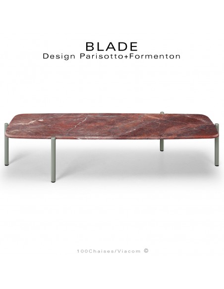 Table basse design BLADE-CAFÉ, structure 4 pieds en tube d'acier peint gris ciment, plateau marbre rouge, Jaspe Rouge.