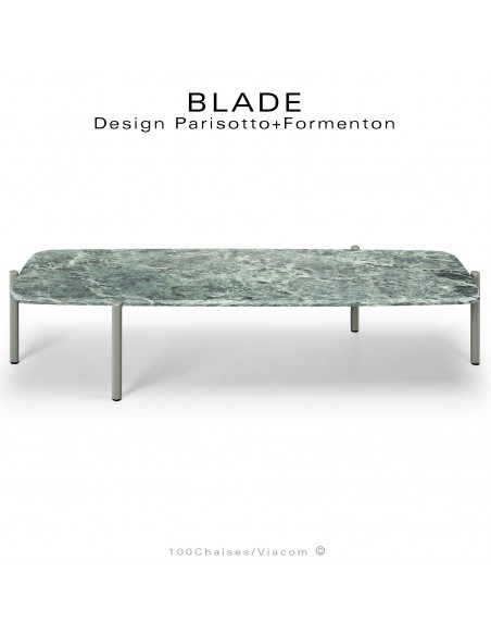 Table basse design BLADE-CAFÉ, structure 4 pieds en tube d'acier peint gris ciment, plateau marbre vert, Verde Alpi.