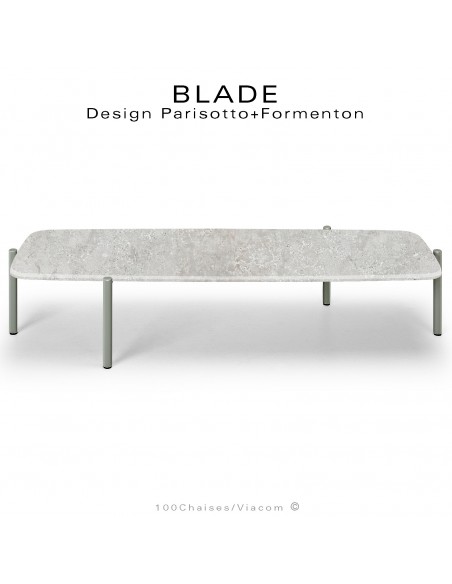 Table basse design BLADE-CAFÉ, structure 4 pieds en tube d'acier peint gris ciment, plateau pierre de Travertin grise.