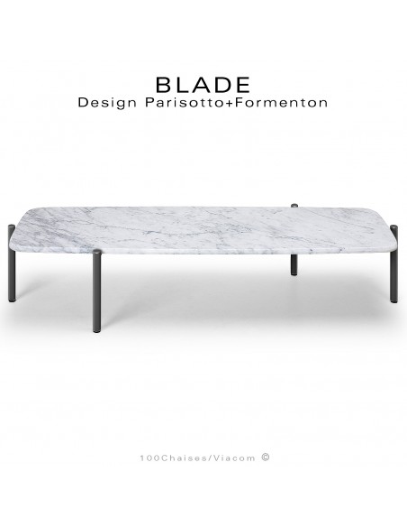 Table basse design BLADE-CAFÉ, structure 4 pieds en tube d'acier peint noir, plateau marbre blanc, Statuario de Carrara.