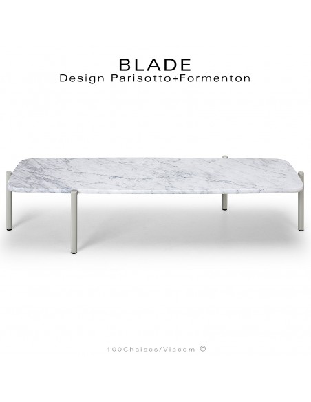 Table basse design BLADE-CAFÉ, structure 4 pieds en tube d'acier peint gris soie, plateau marbre blanc, Statuario de Carrara.