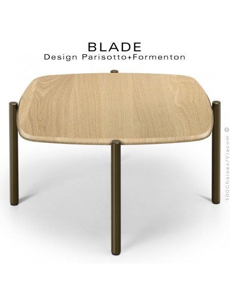 Table basse BLADE-CAFÉ, structure à 4 pieds en tube d'acier peint marron, plateau chêne naturel vernis carré.
