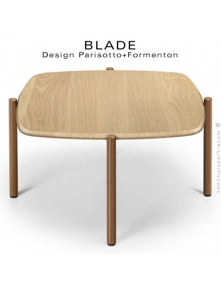 Table basse BLADE-CAFÉ, structure à 4 pieds en tube d'acier peint ocre, plateau chêne naturel vernis carré.