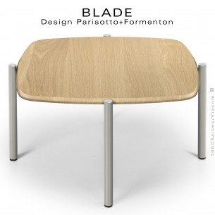 Table basse BLADE-CAFÉ, structure à 4 pieds en tube d'acier peint gris soie, plateau chêne naturel vernis carré.