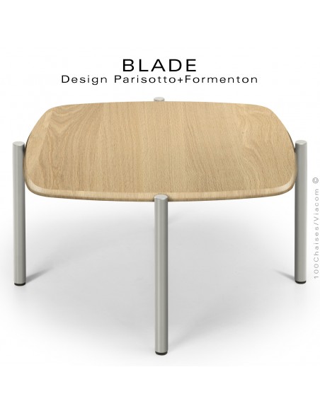 Table basse BLADE-CAFÉ, structure à 4 pieds en tube d'acier peint gris soie, plateau chêne naturel vernis carré.