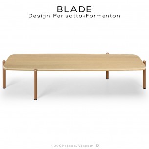 Table basse design BLADE-CAFÉ, structure à 4 pieds en tube d'acier peint ocre, plateau bois de chêne vernis.