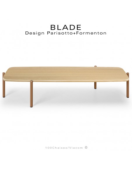 Table basse design BLADE-CAFÉ, structure à 4 pieds en tube d'acier peint ocre, plateau bois de chêne vernis.