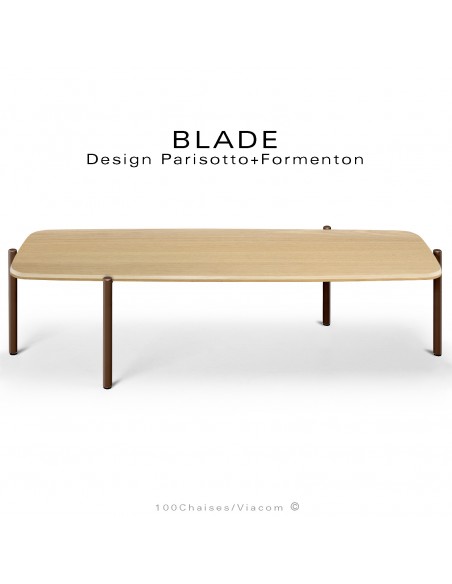 Table basse design BLADE-CAFÉ, structure à 4 pieds en tube d'acier peint marron, plateau bois de chêne vernis.