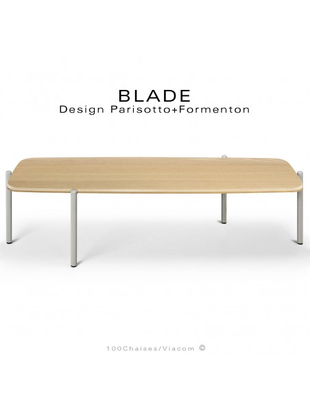 Table basse design BLADE-CAFÉ, structure à 4 pieds en tube d'acier peint gris soie, plateau bois de chêne vernis.