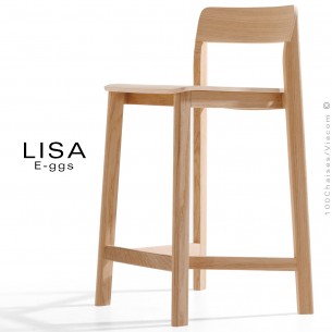 Tabouret de cuisine en bois massif de Frêne LISA, pour cuisine ou îlot central, avec repose pieds, finition vernis.