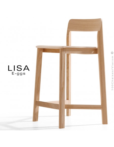Tabouret de cuisine en bois massif de Frêne LISA, pour cuisine ou îlot central, avec repose pieds, finition vernis.