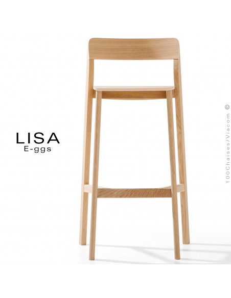 Tabouret bois massif de Frêne LISA, pour cuisine ou îlot central, avec repose pieds, finition vernis.