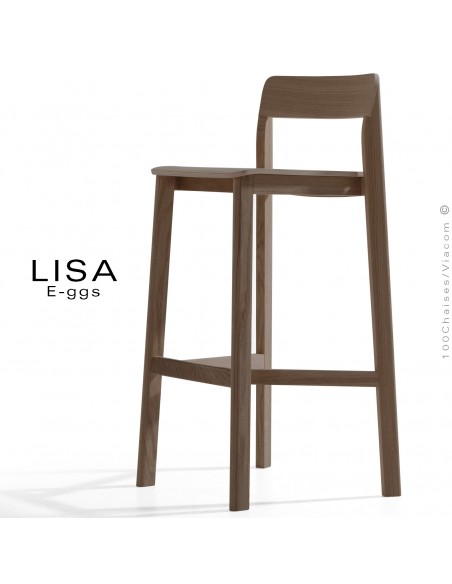 Tabouret bois massif de Chêne LISA, pour cuisine ou îlot central, avec repose pieds, finition vernis teinté noir.