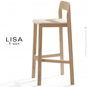 Tabouret bois massif de Frêne LISA, pour cuisine ou îlot central, avec repose pieds, finition vernis.