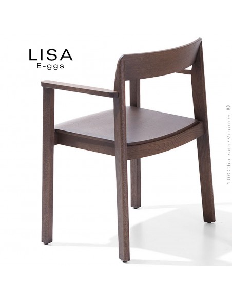 Fauteuil en bois massif de Chêne LISA, piétement 4 pieds, empilable, assise et dossier multiplis de bois de Chêne foncé.