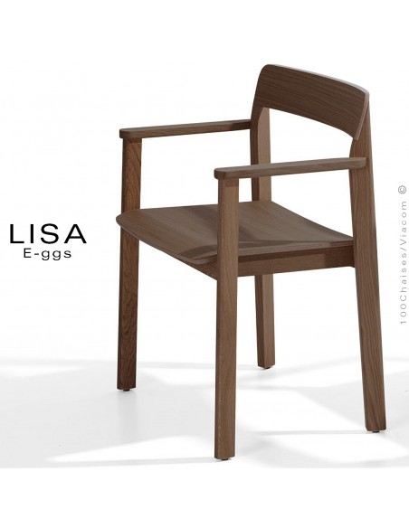 Fauteuil en bois massif de Chêne LISA, piétement 4 pieds, empilable, assise et dossier multiplis de bois de Chêne foncé.