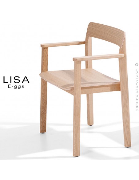 Fauteuil en bois massif de Frêne LISA, piétement 4 pieds, empilable, assise et dossier multiplis de bois de Frêne vernis.